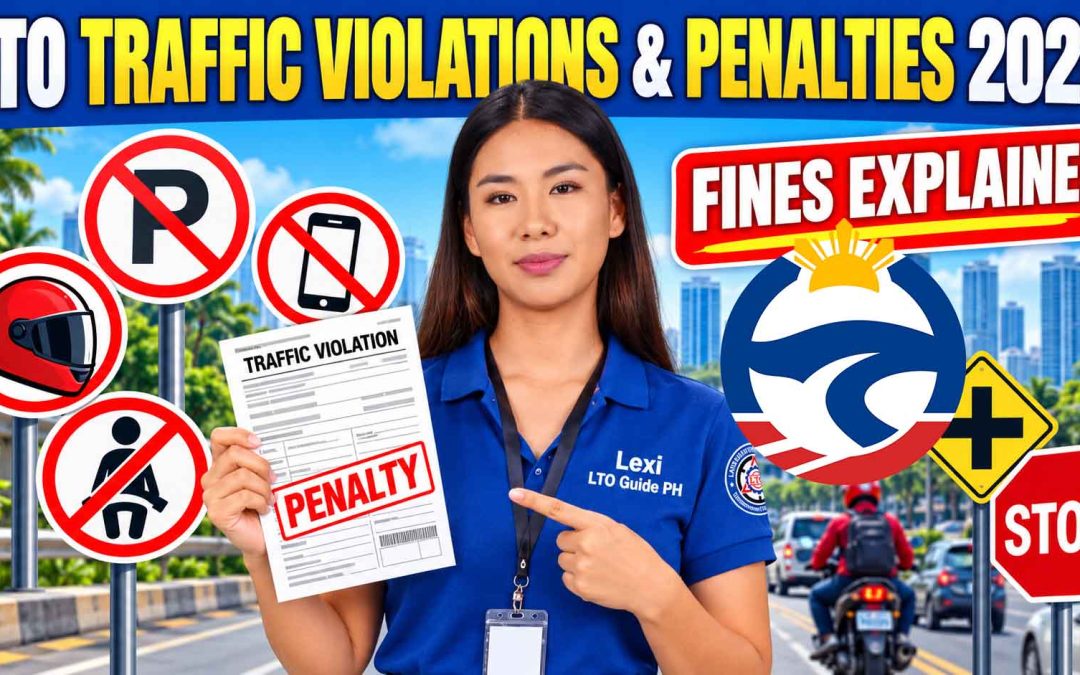 Lexi from LTO Guide PH explains common traffic violations and penalties in the Philippines for 2026, with traffic signs and a penalty notice.