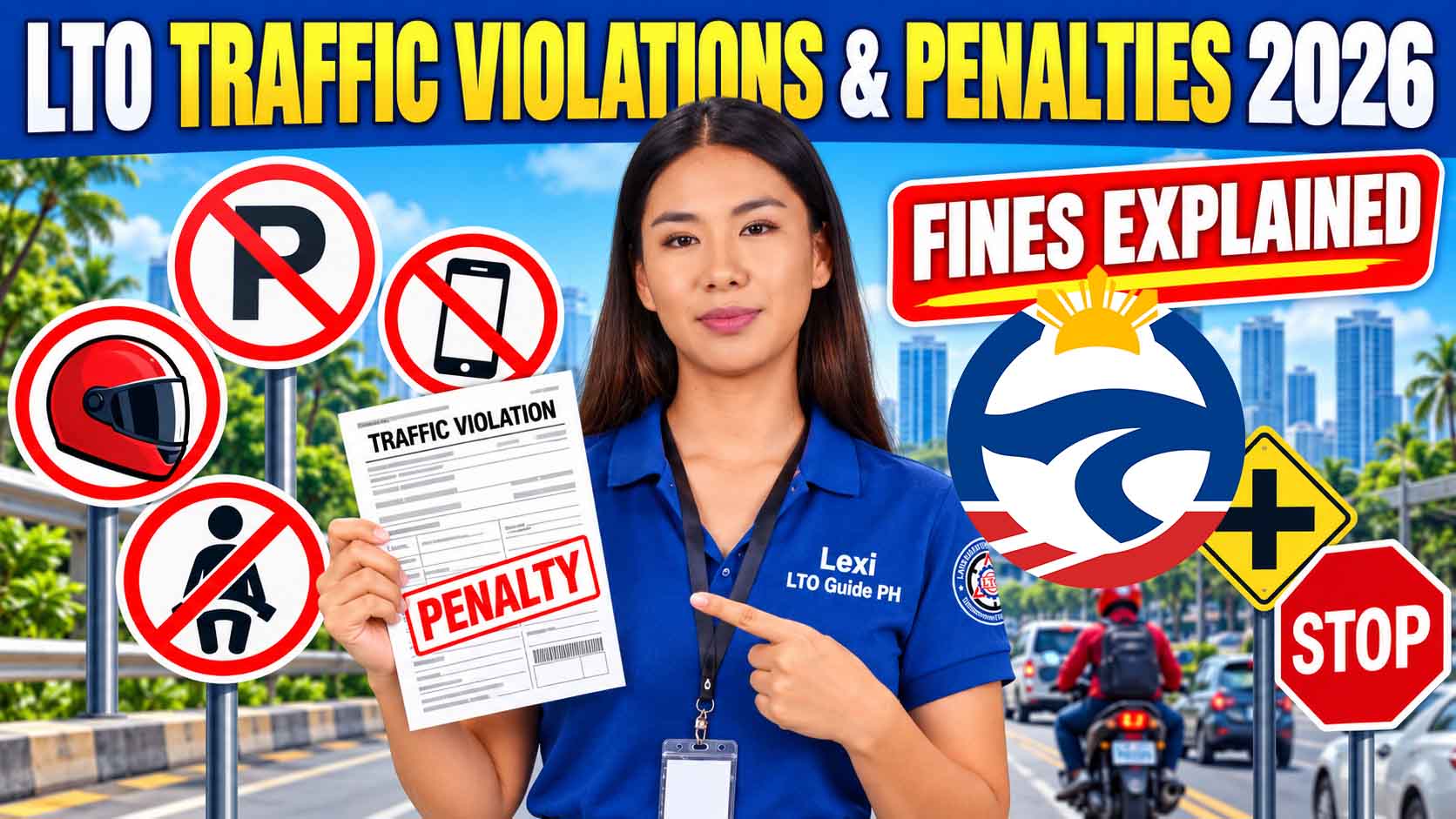 Lexi from LTO Guide PH explains common traffic violations and penalties in the Philippines for 2026, with traffic signs and a penalty notice.